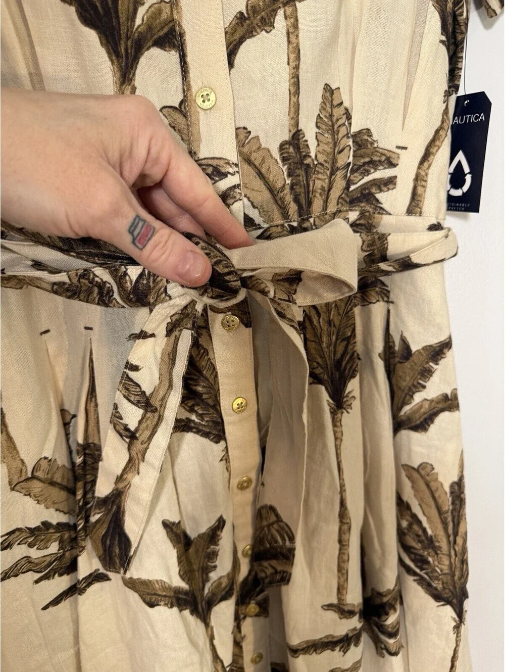 NWTS Nautica Beige Palm Frond Print Short Sleeve Shirt Dress Vneck Small Coastal